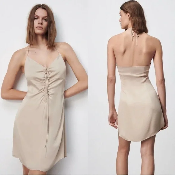 ZARA Ruched Mini Dress Soft Gold Tan | 2298/155 size XLarge Short Tie Neck - Picture 1 of 15